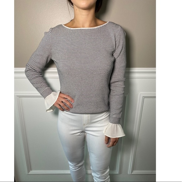 LOFT Sweaters - LOFT Black and White Striped, Ruffles Sleeves